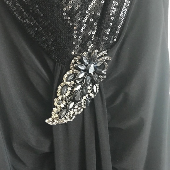David's Bridal Black Sequined Gown w/ Broach - Picture 2 of 6
